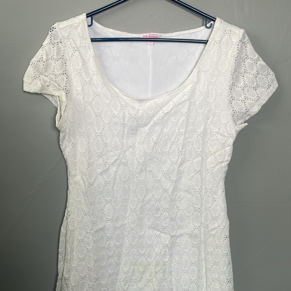 Isaac Mizrahi Large white eyelet round neckline mini bodycon dress romance - Picture 2 of 8